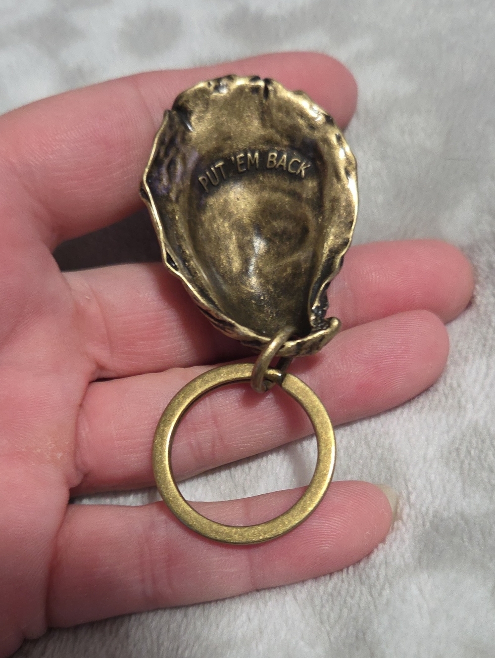 Brass Oyster Shell Keychain with 'PUT EM BACK' Stamp